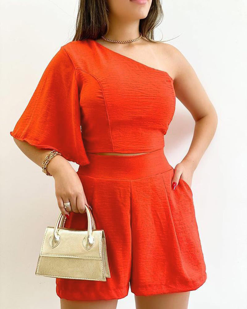 Women's Casual Slash Shoulder Top Loose Shorts Two Piece Set 3