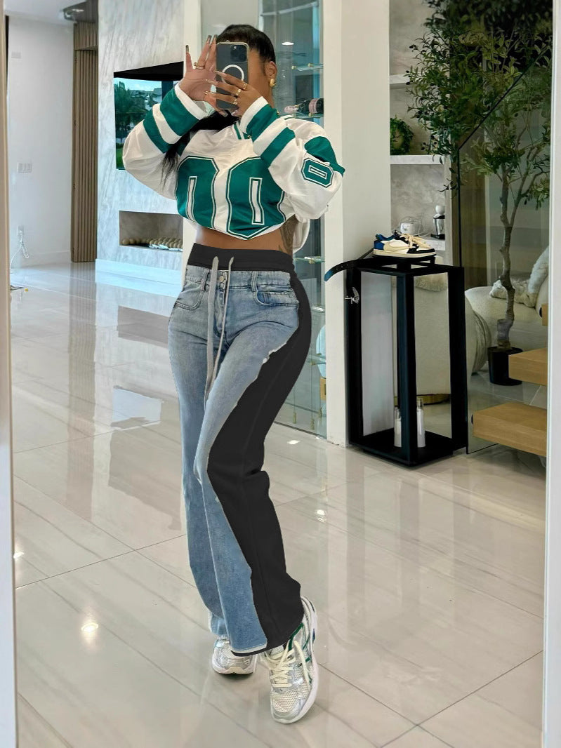 Spring/Summer Denim Print Contrast Pocket Elastic Waist Casual Straight-Leg Pants 7