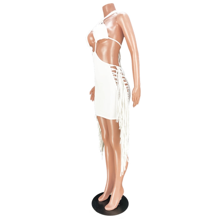 Women Summer White Sexy Halter Sleeveless Solid Hollow Out Mini Club Dress 11