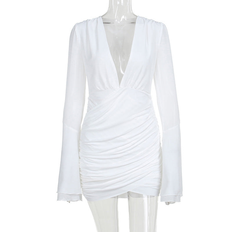 Spring Chic Fashion Deep V Bell Bottom Long Sleeve Bodycon Dress 9