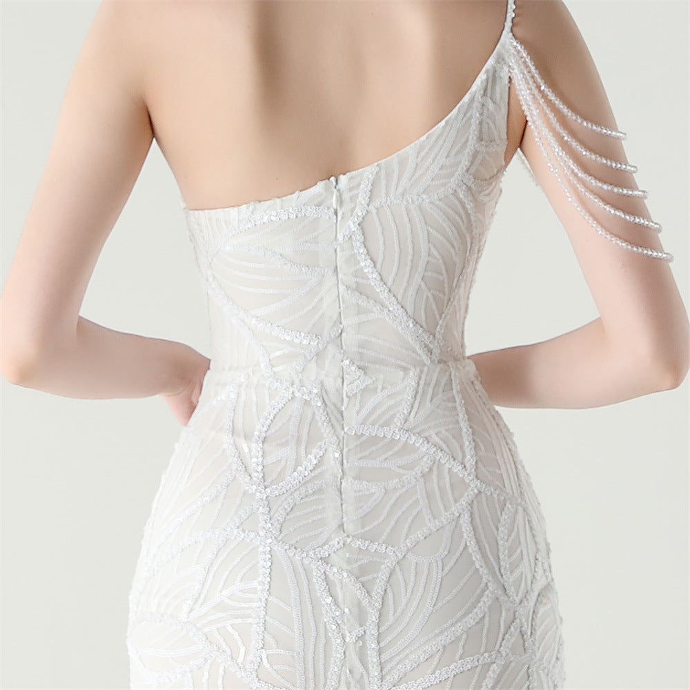 Women One Shoulder Beaded Sequin Embroidery Formal Party Prom Wedding Evening Dress 55