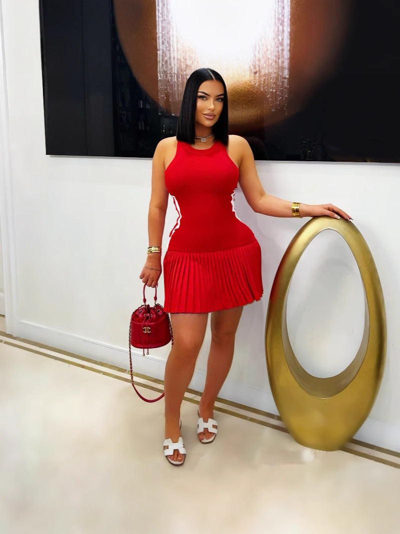 Women Summer Ribbed Casual Sleeveless Pleated Dress 7