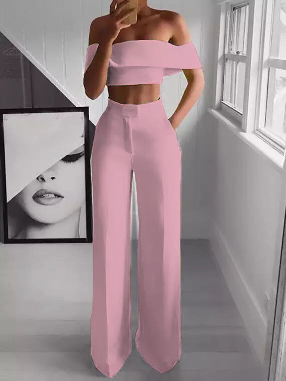 Women Elegant Off Shoulder crop top+ Loose Pants Two Piece 3