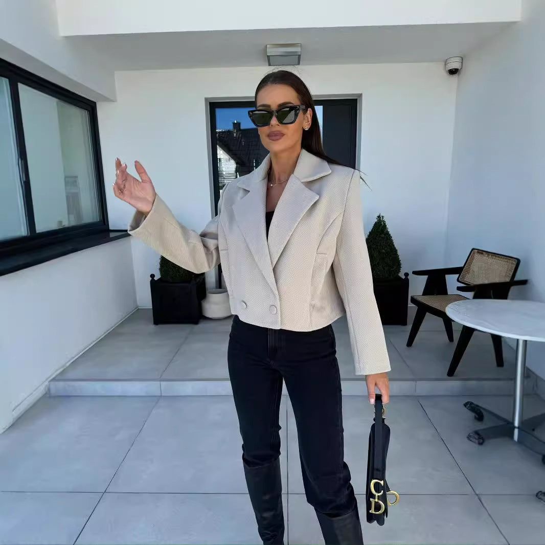 Autumn Winter Fashion Turndown Collar Solid Color Short Coat Women's Clothing 7