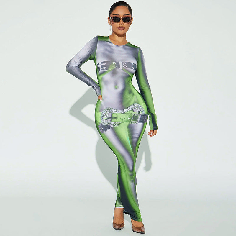 Women's Spring Round Neck Long Sleeve Print Solid Color Long Dress