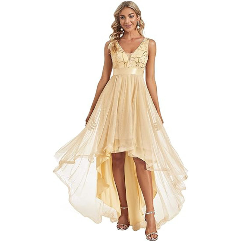 Summer Women's Evening Dress Sequined V-Neck Sleeveless High-Low A-Line Party Dress （Processing time need 3-6 days） 11