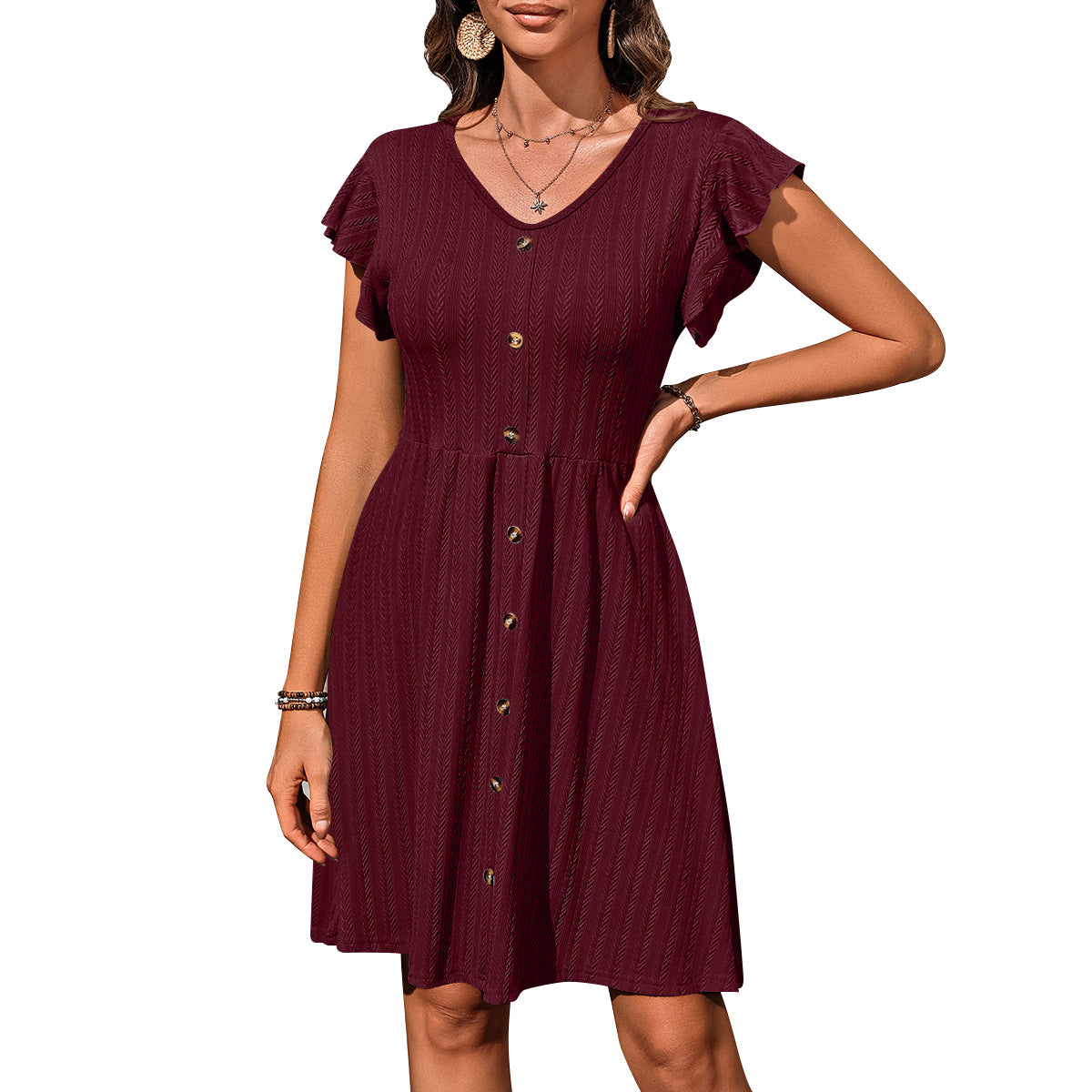 Summer Women's V-Neck Button-Down Slim Waist Stretch Short-Sleeved Dress 10