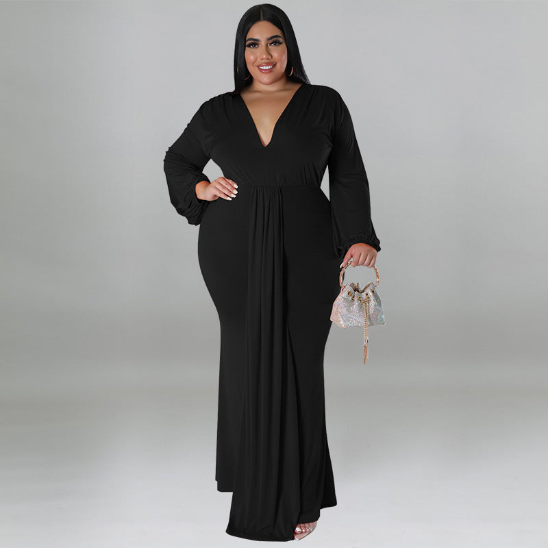 Plus Size Women's Solid Color Sexy Deep V Neck Long Sleeve Pleated Dress 3