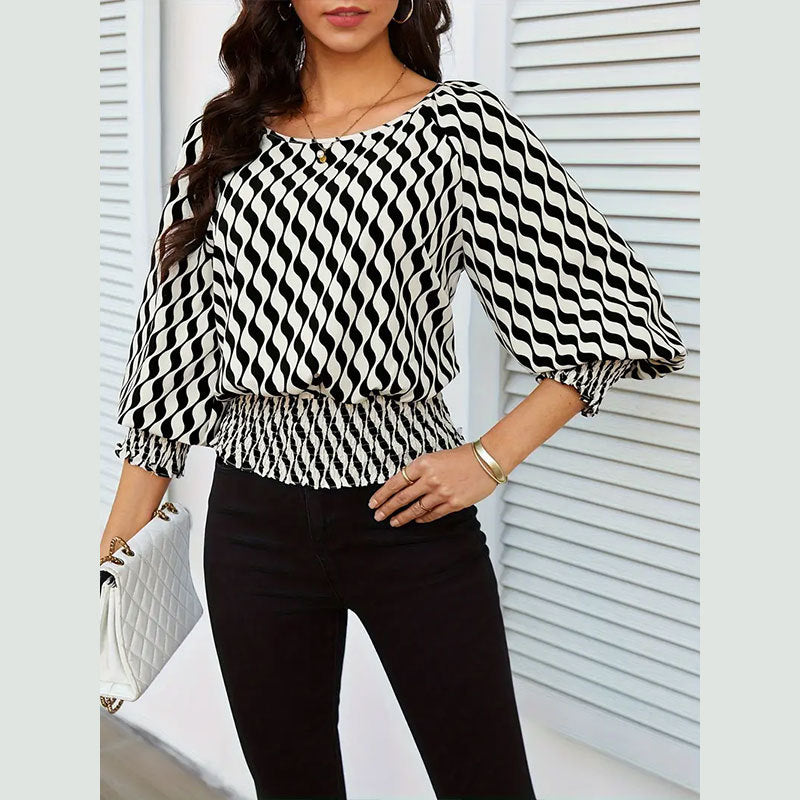 Spring Women's Lantern Sleeve Top & Slim Waist Contrast Print Long Sleeve T-Shirt 10
