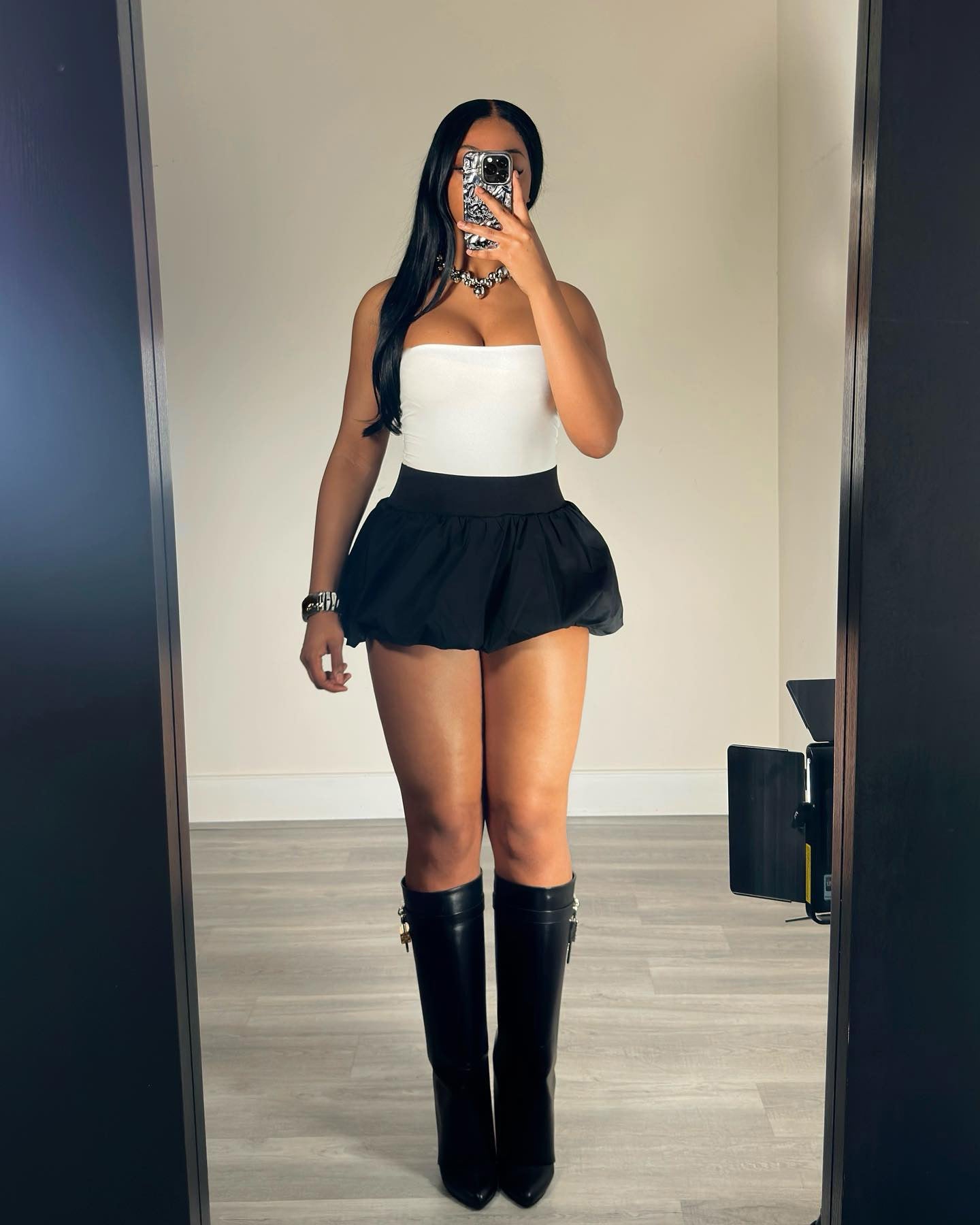 Women Solid Stretch Pleated Skirt Bubble Skirt