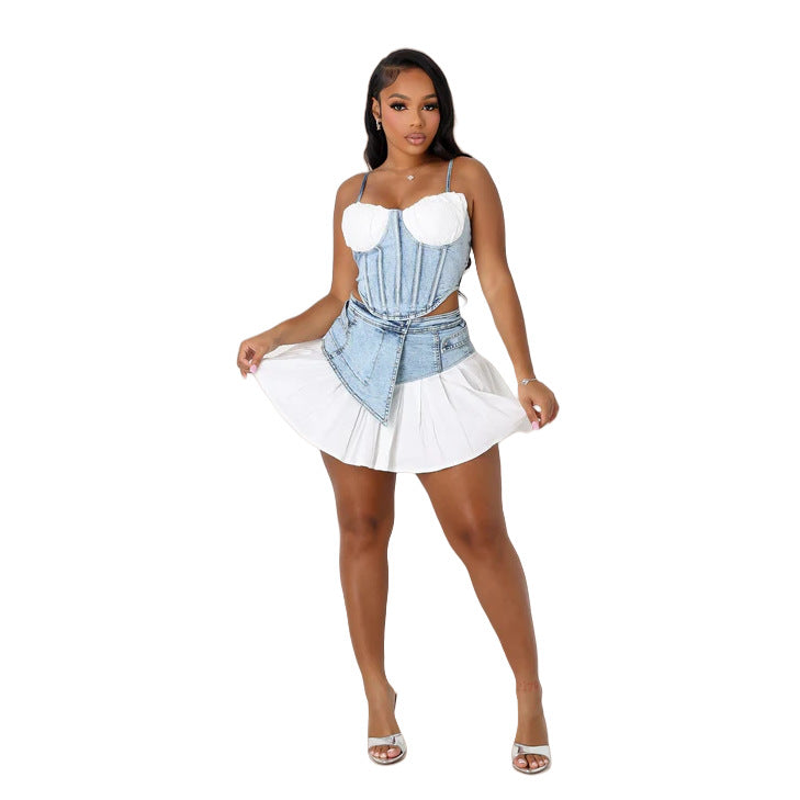 Sexy Denim Patchwork Strap Top & Pleated Mini Skirt Set 5