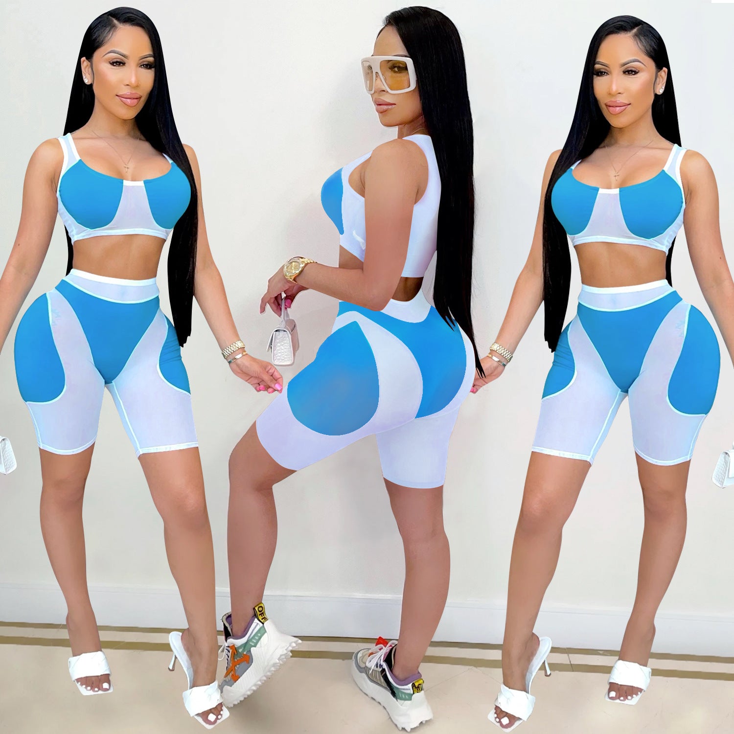 Women casual solid mesh color-blocking Top and Shorts Two Piece Set 4