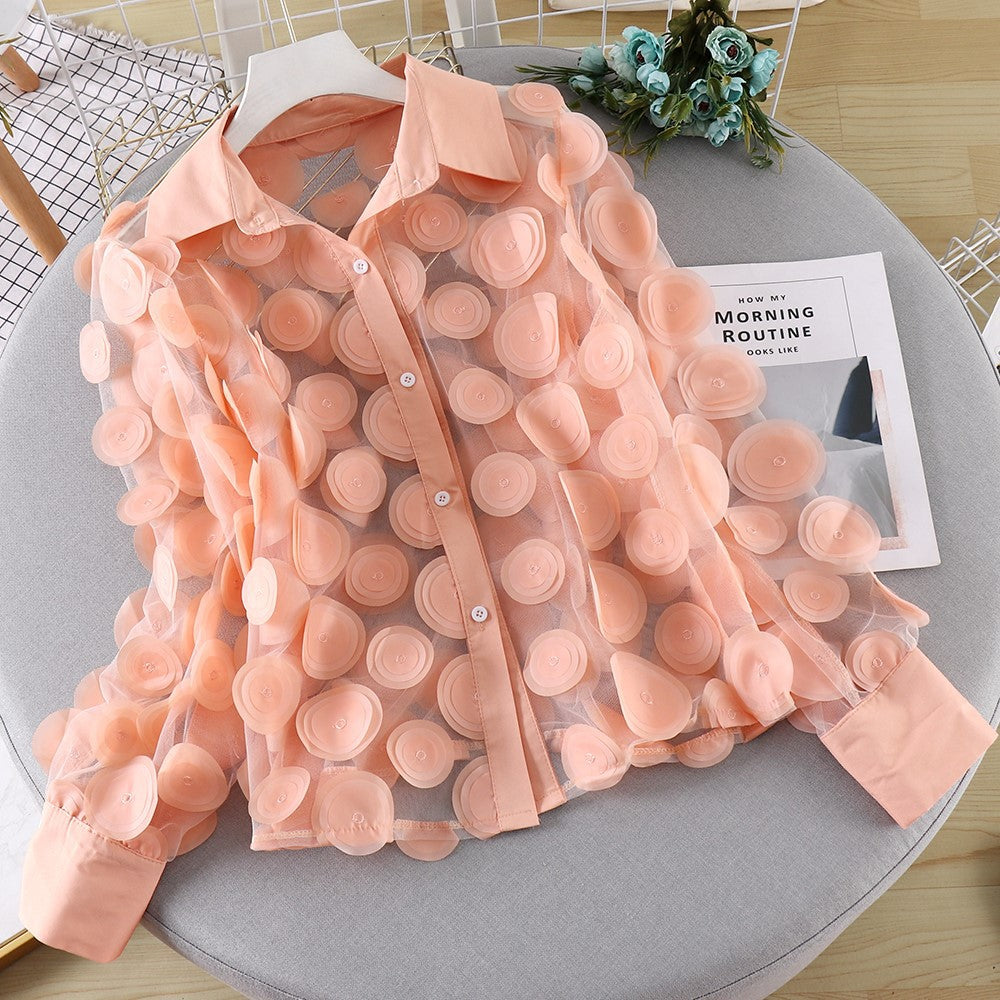 French Palace Style Flower Stage Dress Ladies Chiffon Shirt Hollow Lantern Sleeve Trendy Mesh Shirt Women 13