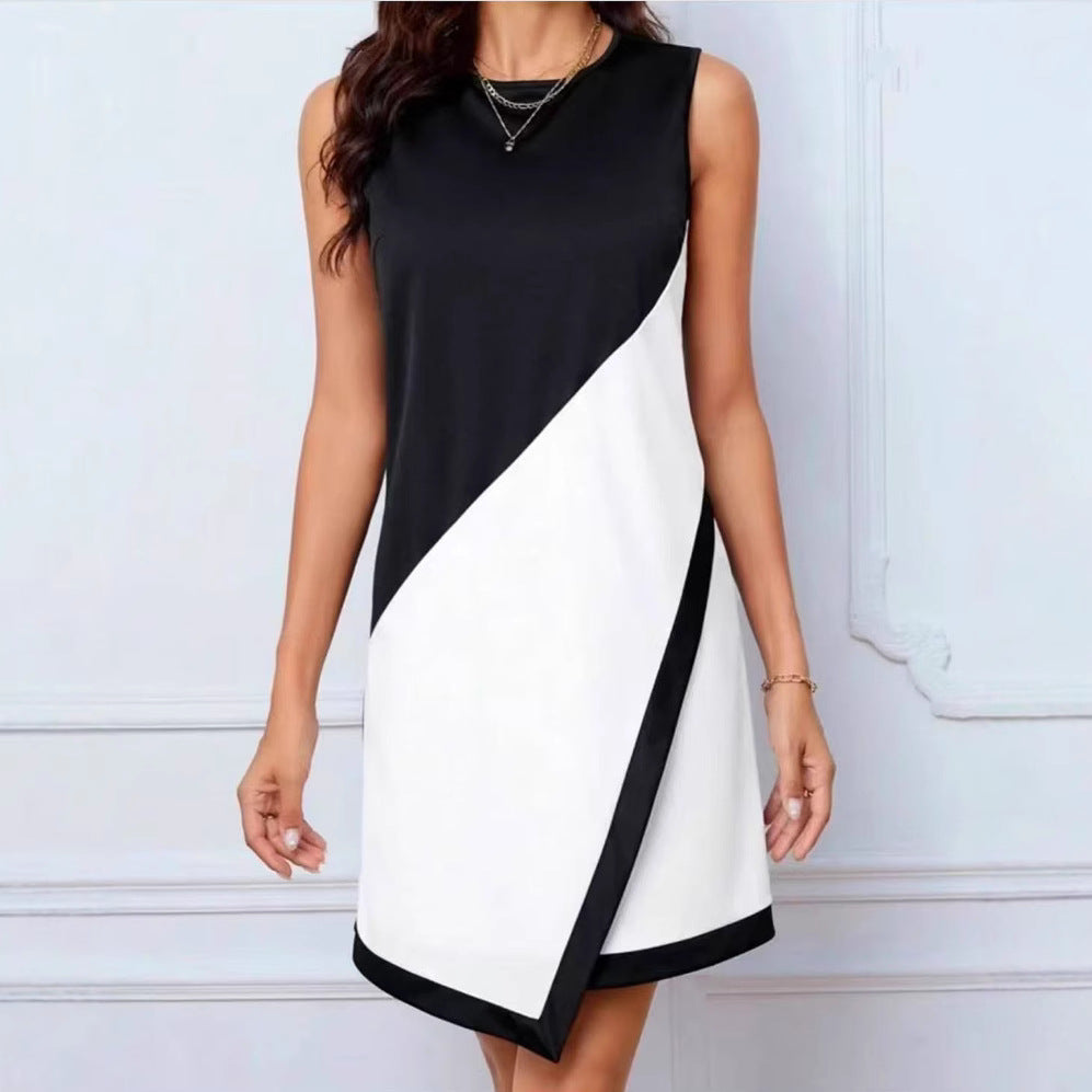 Sleeveless Round Neck Patchwork Contrast Color Spring Summer Casual Dress for Women