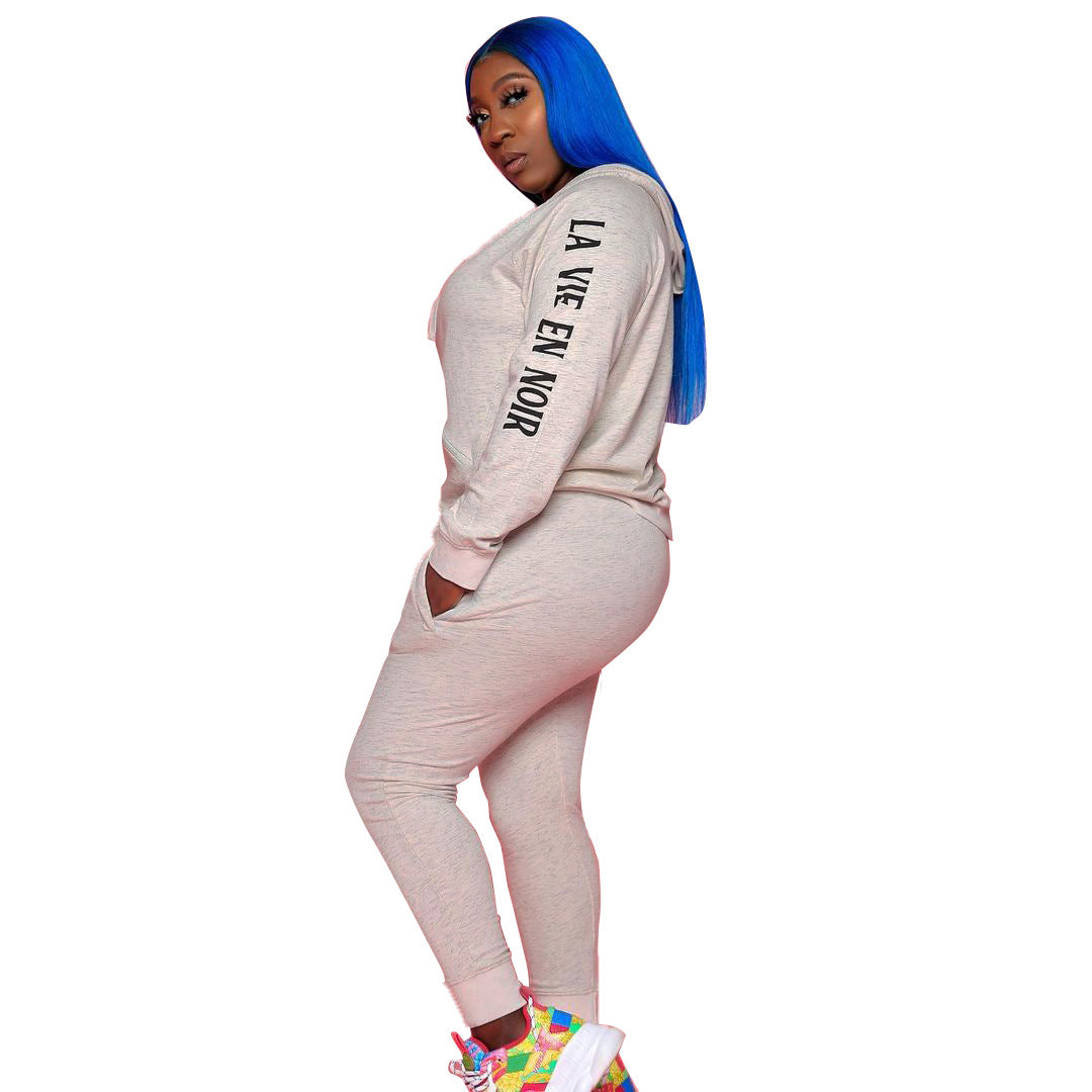 Women's Autumn and Winter gray hooded long sleeve casual two-piece pants set 3