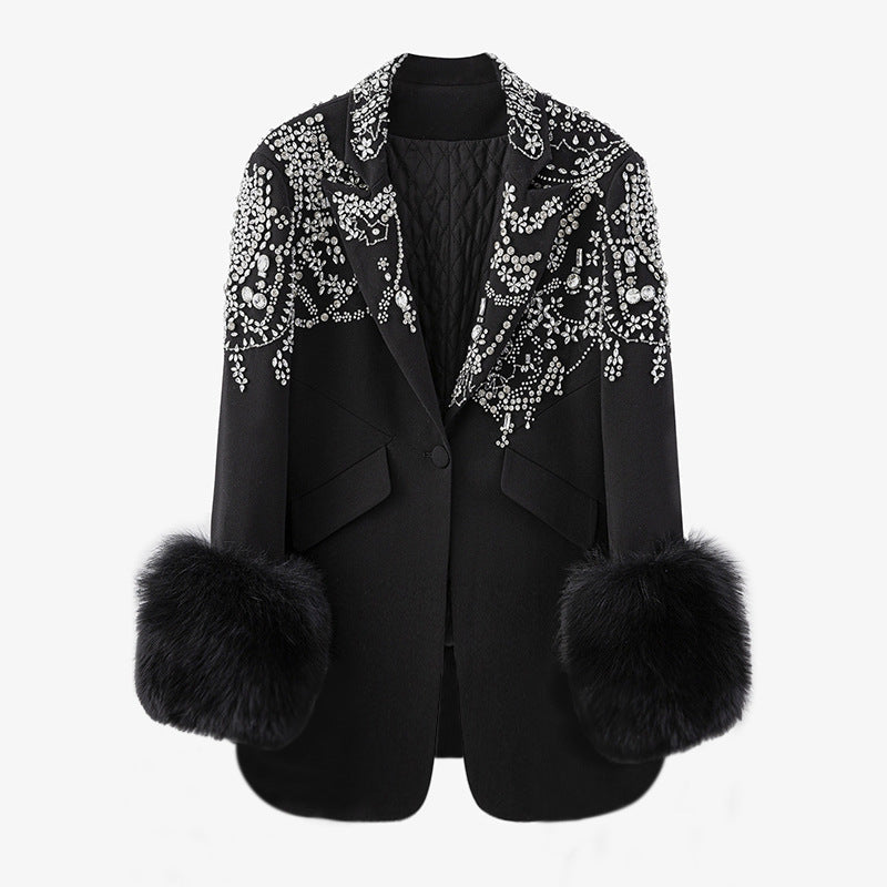 Women Spring Autumn One Button Long Sleeve Turndown Collar Beaded Black Fur Slim Fit Jacket 4