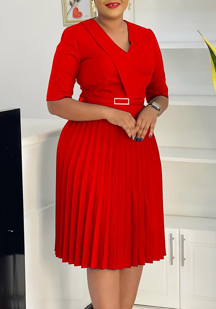 Women's Summer Fashion V-Neck Solid Color Plus Size Pleated African Dress