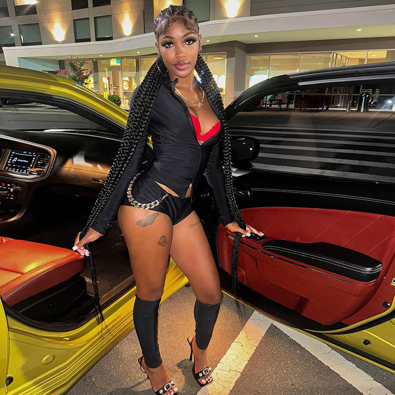 Women Autumn/Winter Stand Collar Zippered Top Shorts with Three-Piece Knee Pads 15