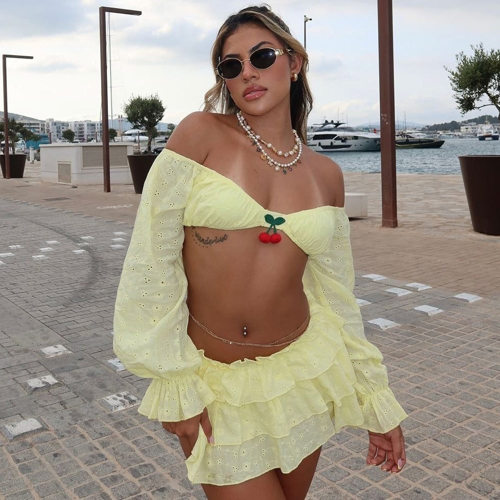 street sexy long sleeve Crop top miniskirt two piece set 6