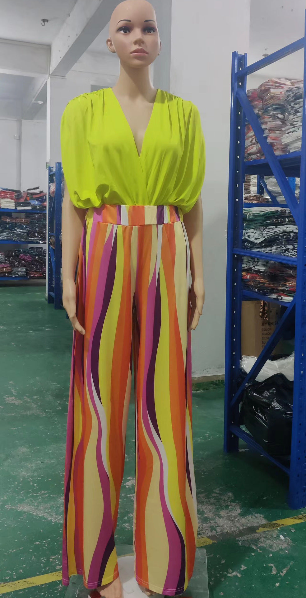 Women's Spring Summer Solid Bat Sleeves Top Print Wide Leg Pants Two-Piece Set 23