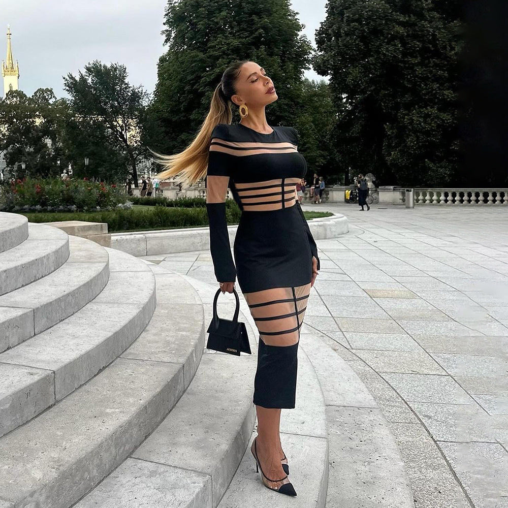 Autumn Winter Fashion Mesh Patchwork See-Through Sexy Chic Slim Long Sleeve Bodycon Long Dress