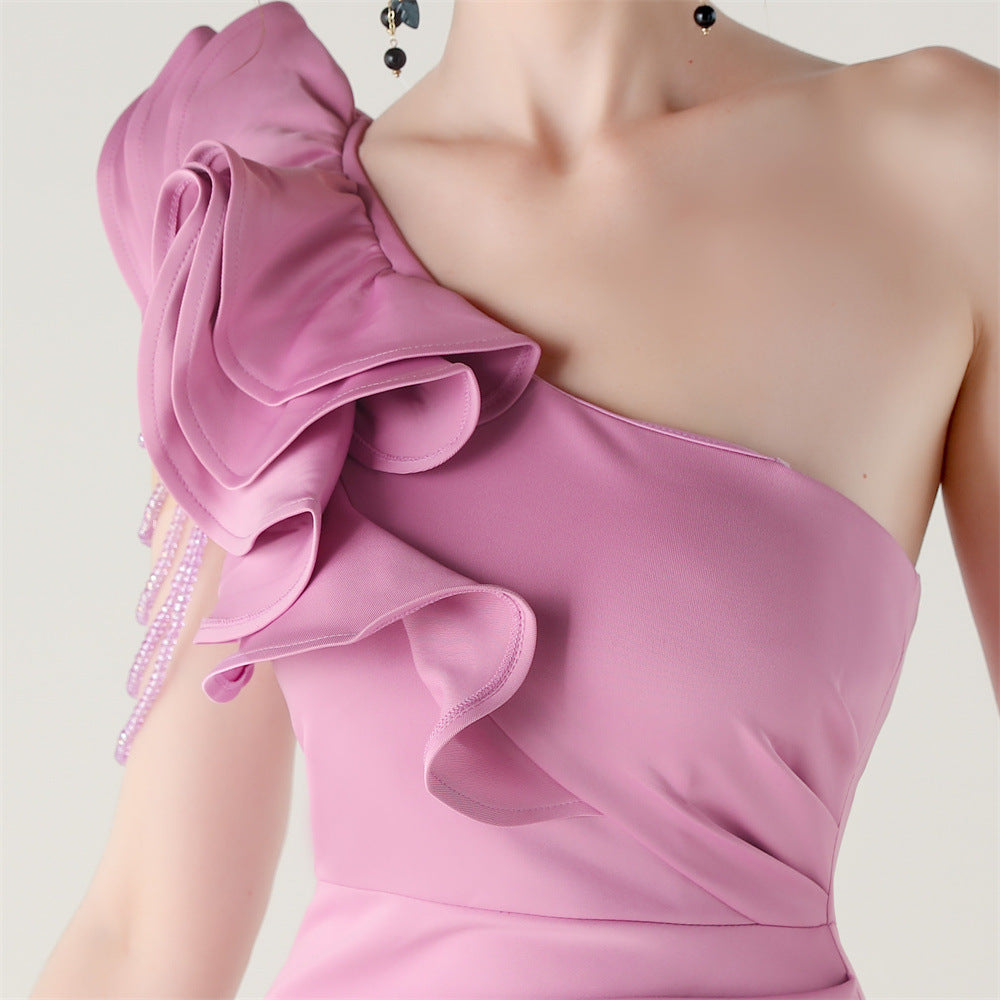 Women One-Shoulder Beaded Wool and Floral Satin Slit Sexy Evening Dress 85