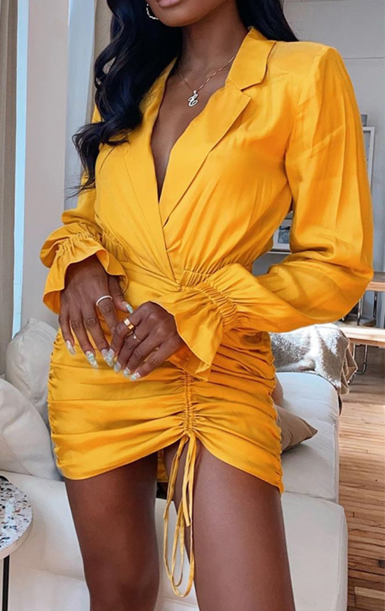 Autumn Yellow Tailored collar Long Sleeve with Ruffle Mini dress