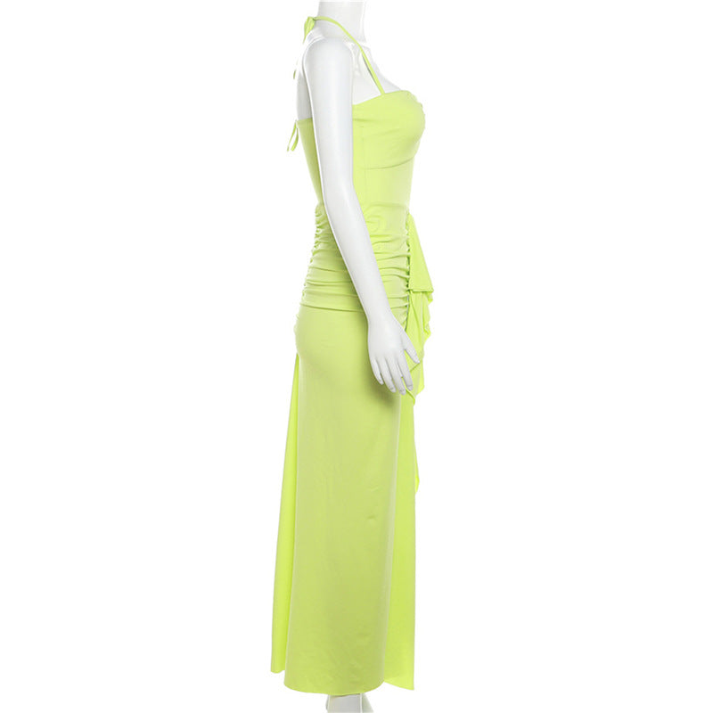 Women autumn and winter Halter Neck Off Shoulder Pleated slit dress 7