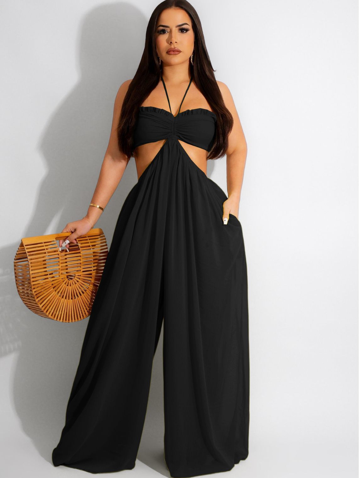 Women sexy chiffon wrap chest backless wide feet Jumpsuit 7