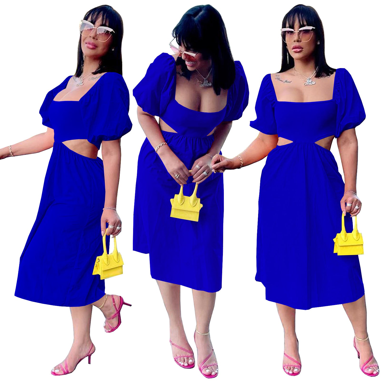 Women Solid U Neck Lantern Short Sleeve Irregular Dress 7