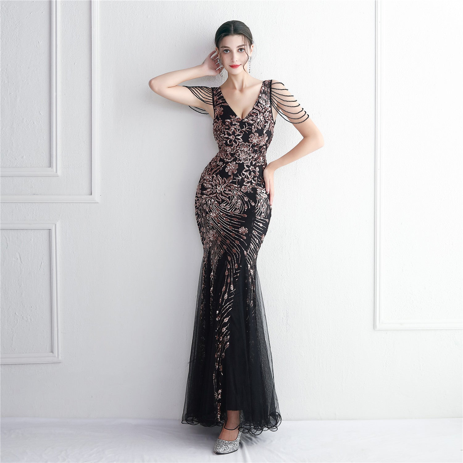 Sequin Mesh Beaded Chic Elegant Annual Meeting Long Fishtail Sequin Sexy Dress 14