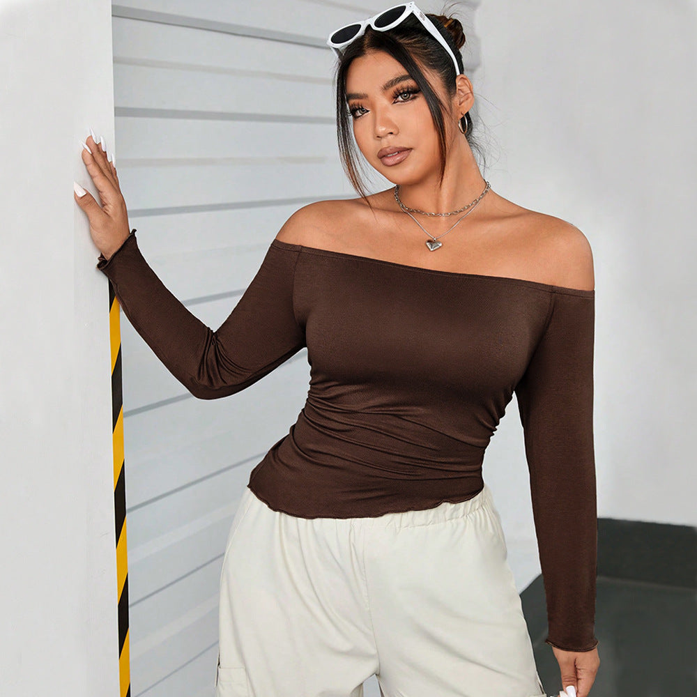 Plus Size Women's Autumn And Winter Brown Off Shoulder Long Sleeve T-Shirt Sexy Solid Color Top 7
