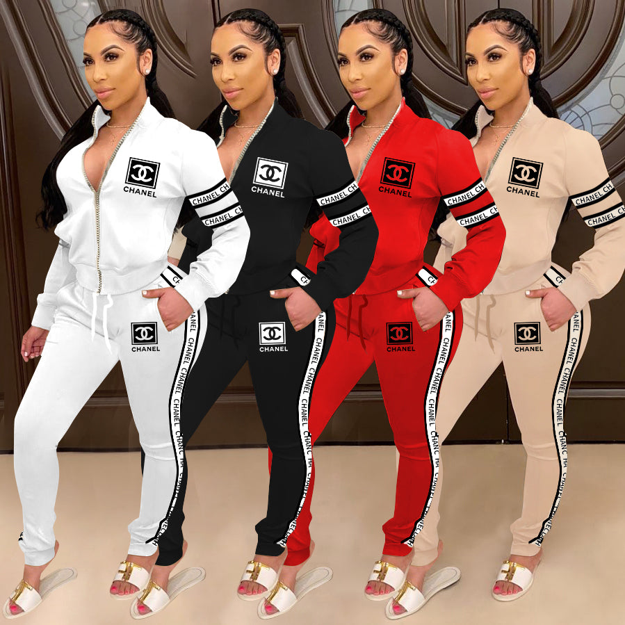 Women's Winter Chic Trendy Print Pants Long Sleeve Zipper Coat Set 14