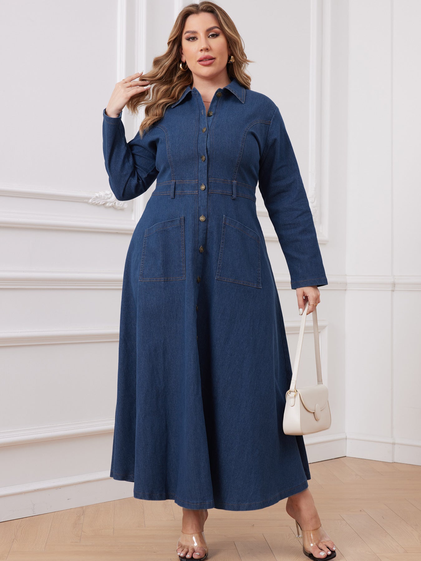 Plus Size Women Women Denim Turndown Collar Long Sleeve Dress