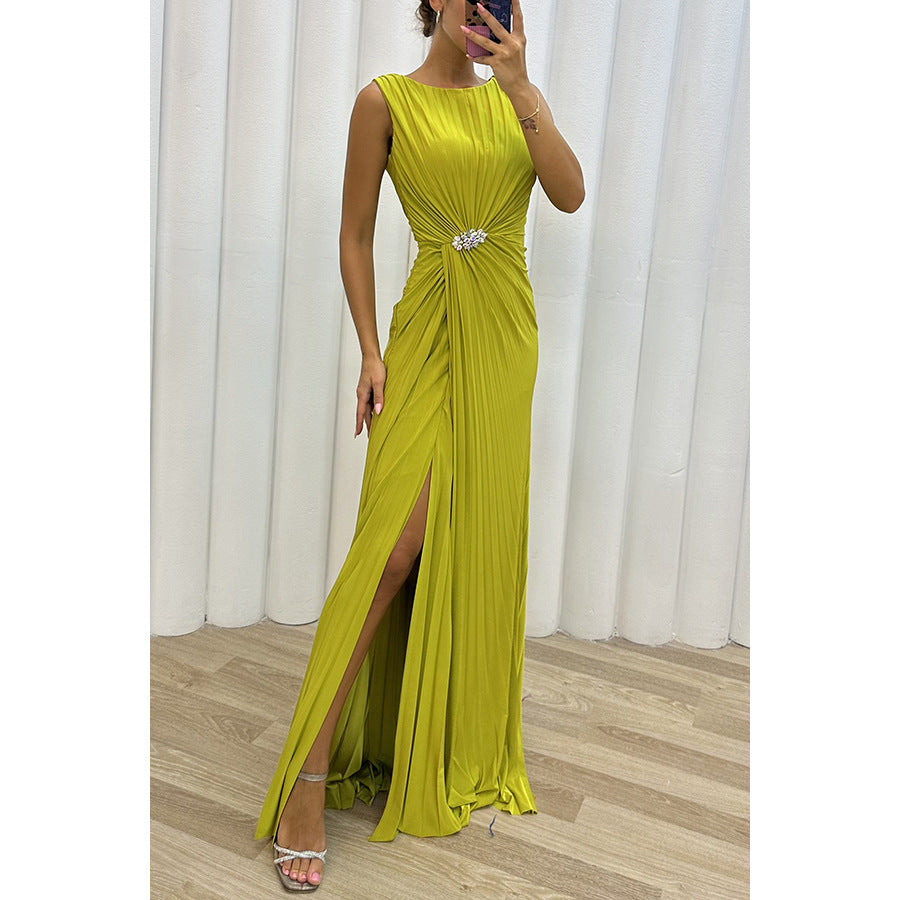 Pleated Slit Sleeveless Fashion Evening Dress For Women 5