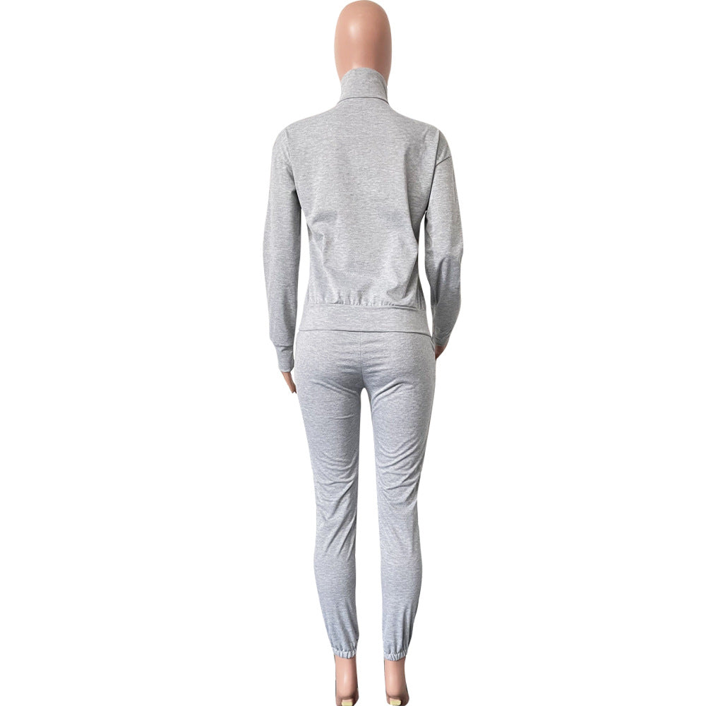 Women's Fashion Solid Hoodies Casual Sports Stand Collar Zip Cotton Two Piece 15