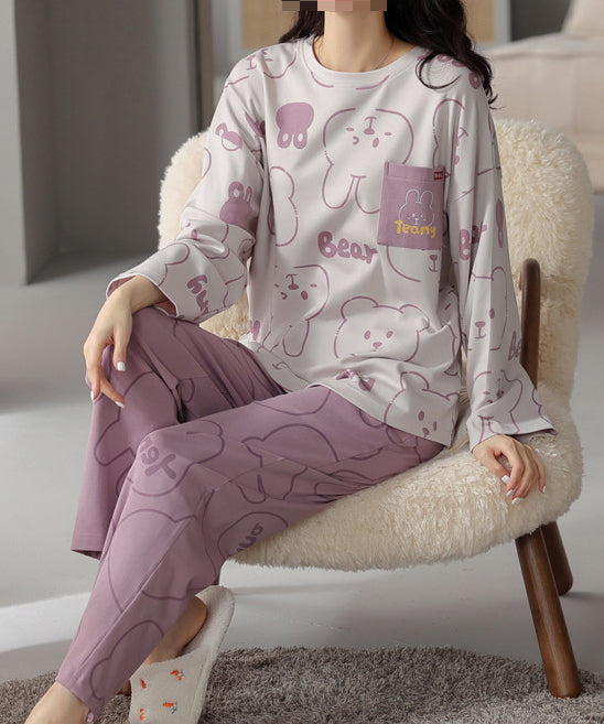 Women's Fall Two Piece Sleepwear Long-Sleeve Cotton Pajama Set Sweet and Cute Pullover Loungewear for Home 3