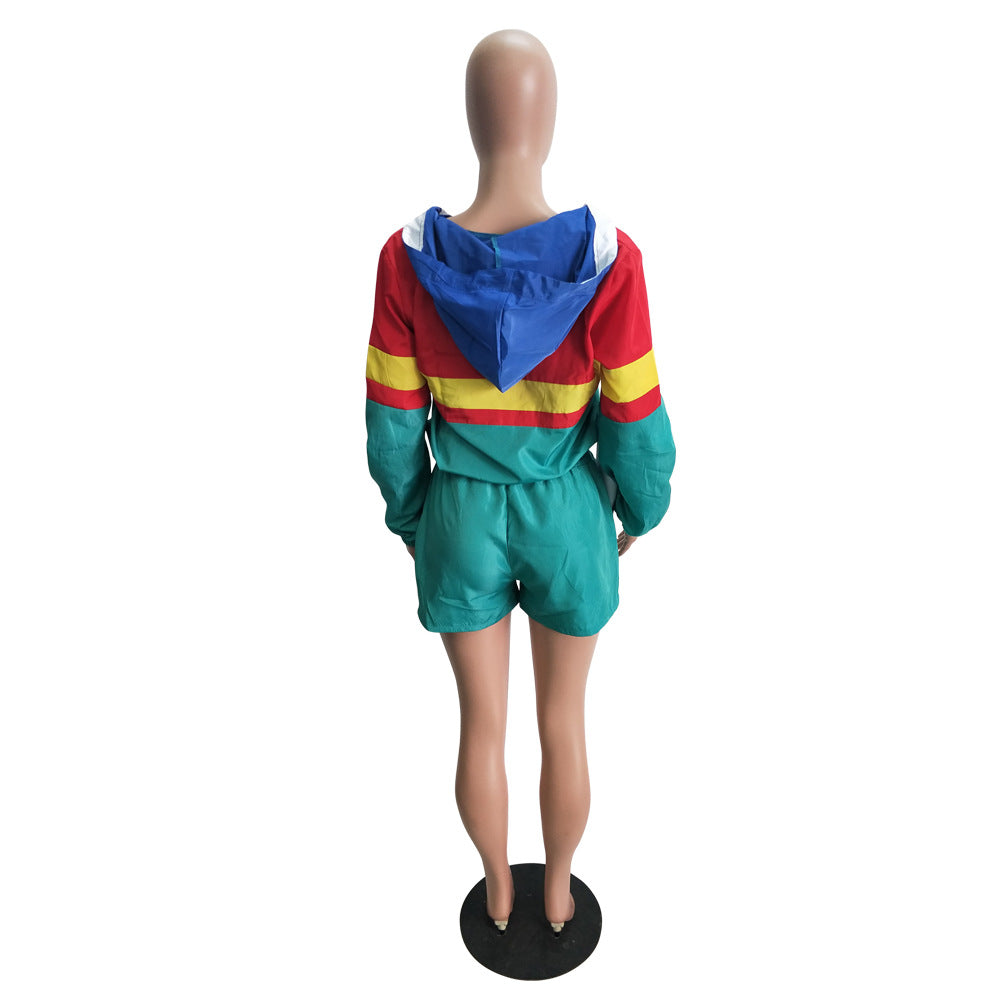 Women’s Casual Spring Color Block Patchwork Two-Piece Hooded Shorts Set 12