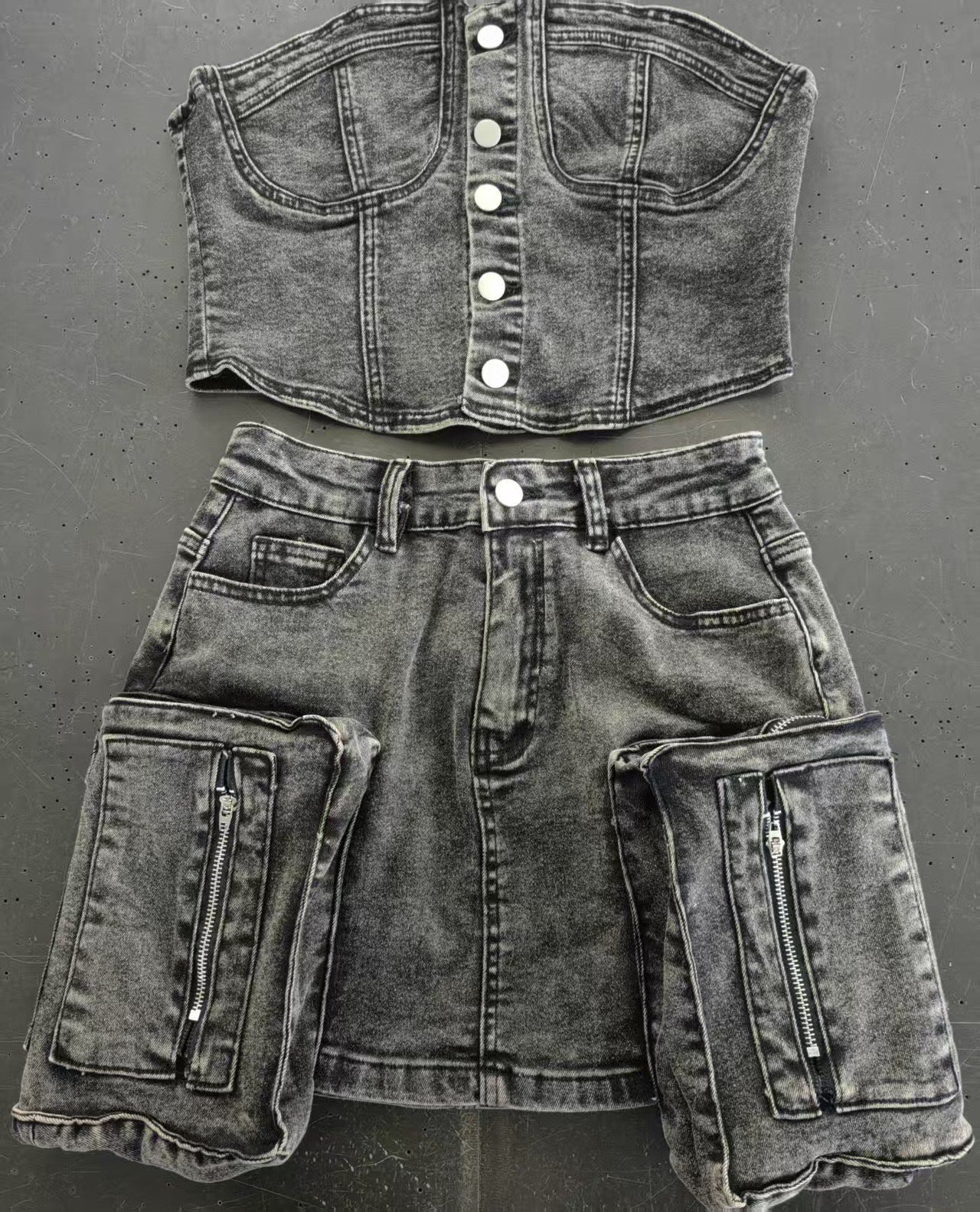 Women retro strapless stretchy top and skirt denim two-piece suit 13