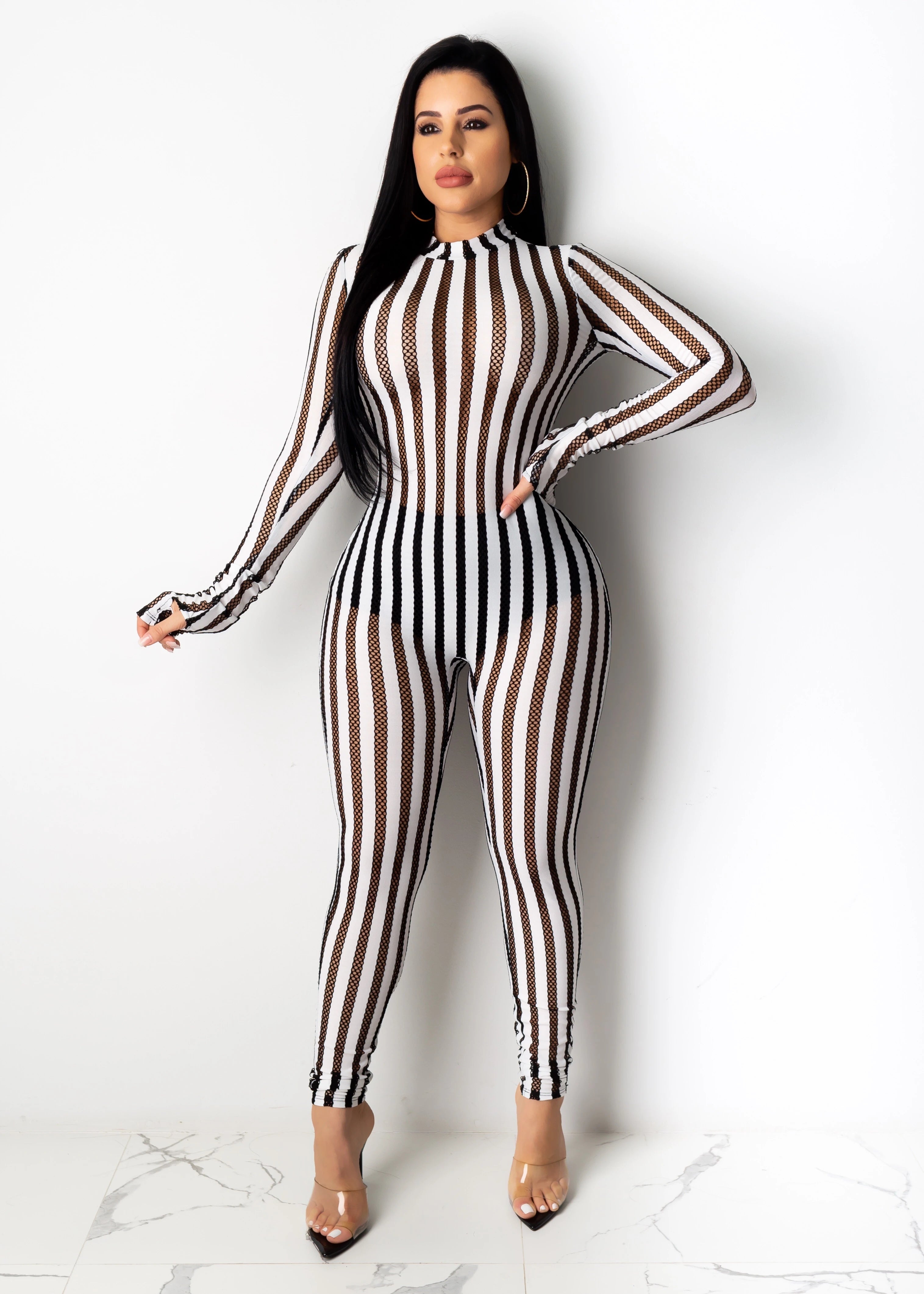 Striped Mesh Patchwork Casual Sexy Stretch Jumpsuit 3