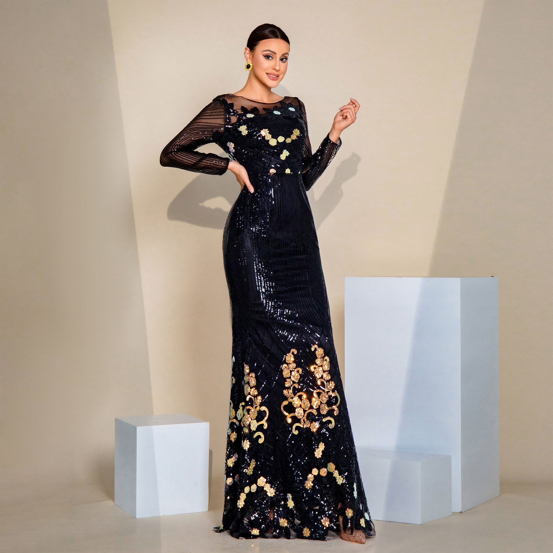 Women Sequined Long Sleeve Round Neck Formal Party Maxi Evening Dress 3