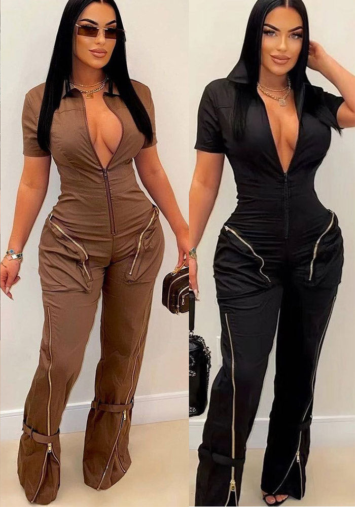 Women Sexy Summer Zipper Pocket Jumpsuit 5