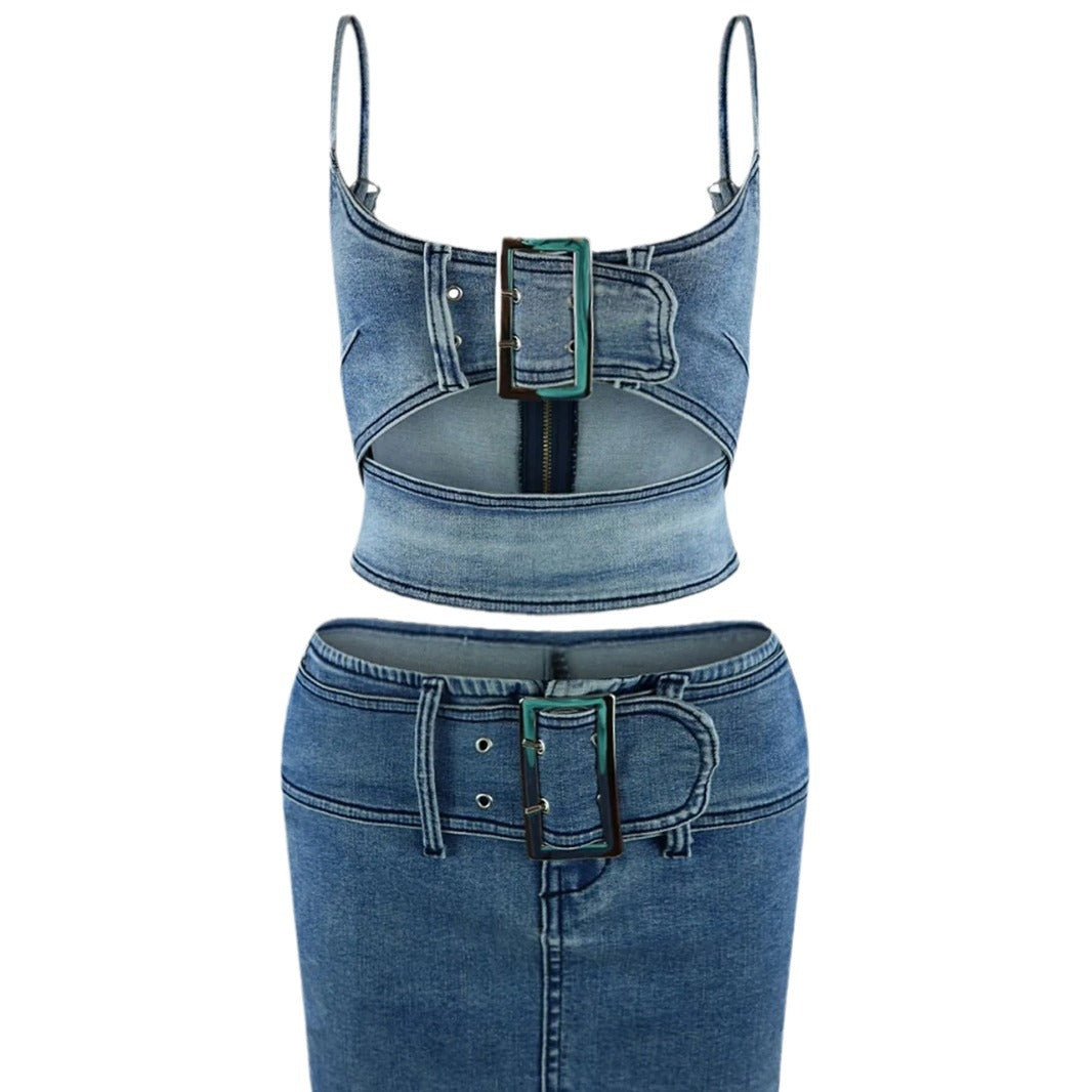 Women Adjustable Buckle Stretch Casual Denim Two-piece Set 3