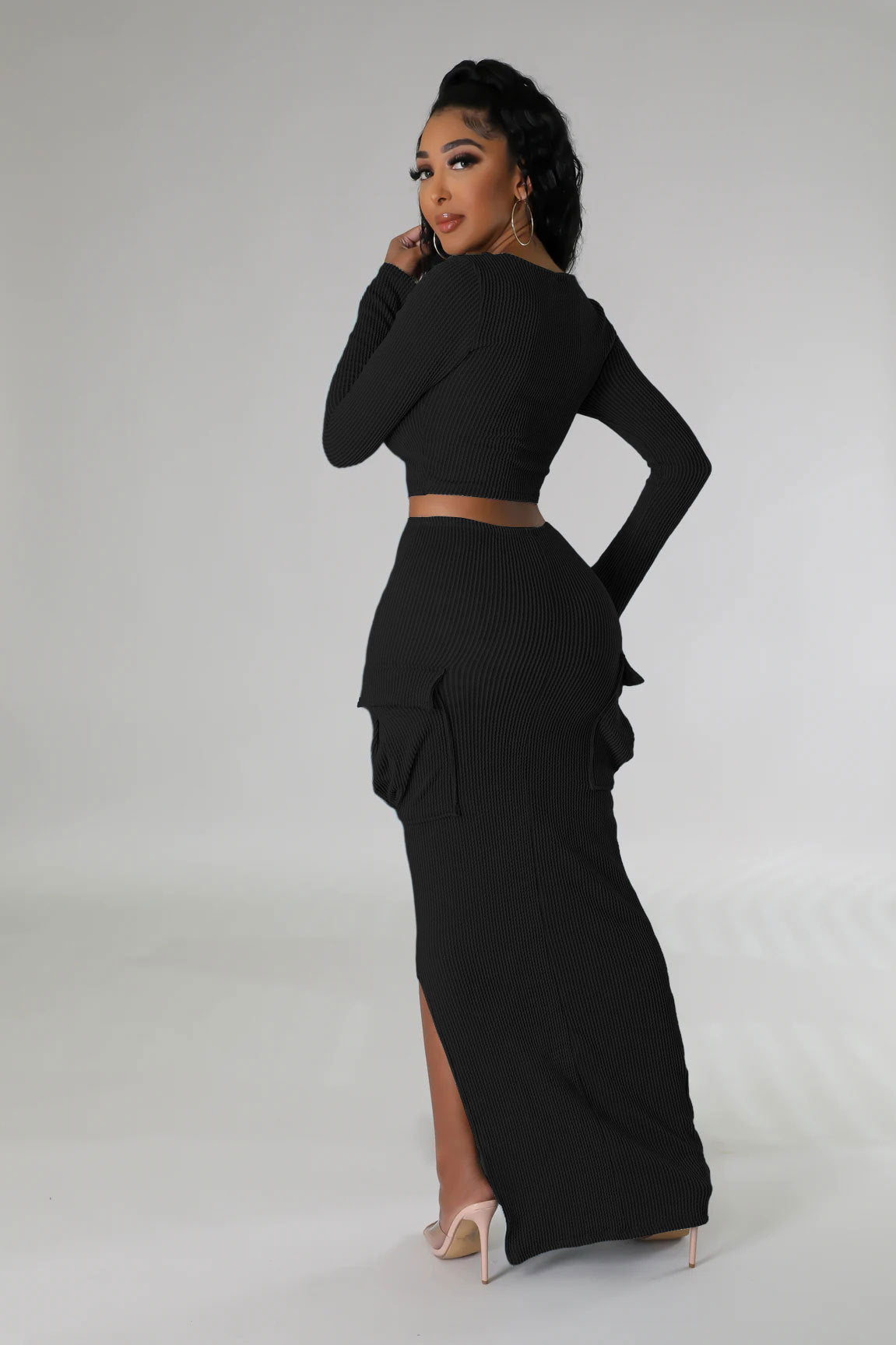 U-neck Tight Fitting short top with high waist and slit Bodycon long skirt autumn and winter two-piece set 11