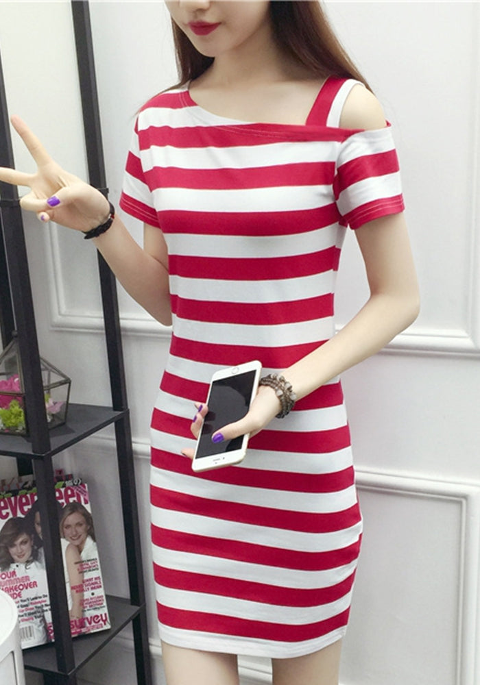Women Slash Shoulder Striped Suspender Sexy Dress