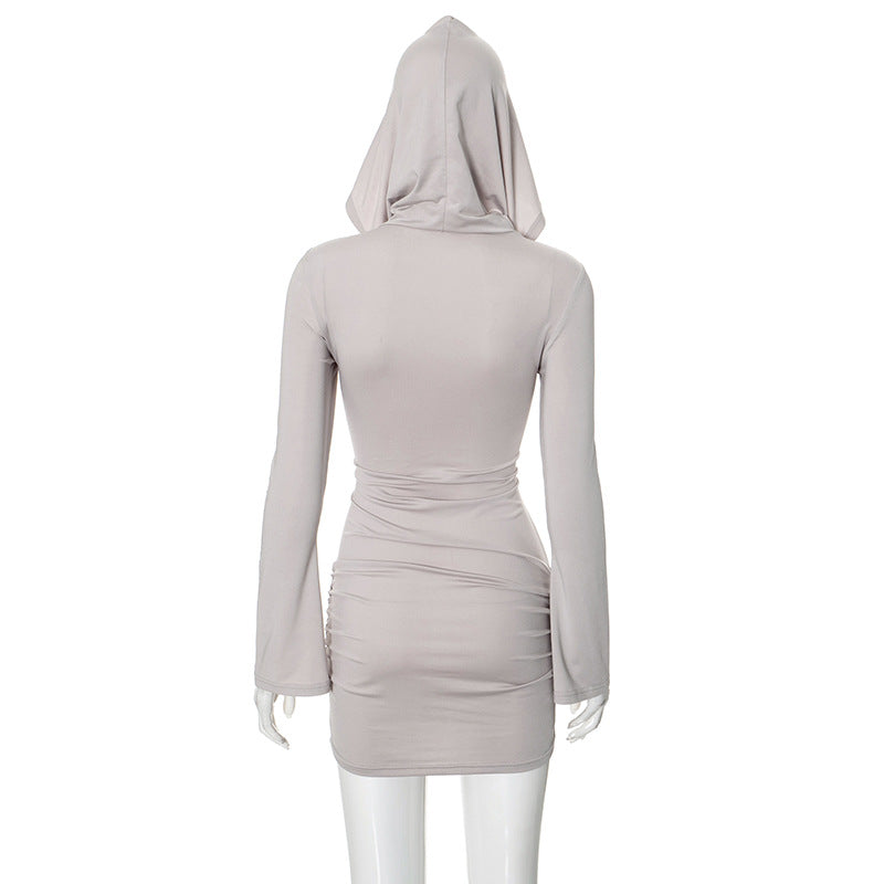 Women Fall Solid Long Sleeve Hooded Gathered Bodycon Dress 8