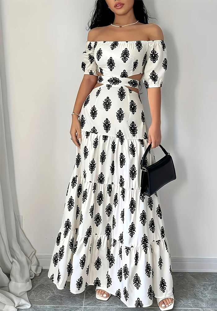 Women Summer Print Lace-Up Sexy Off Shoulder Strapless Dress