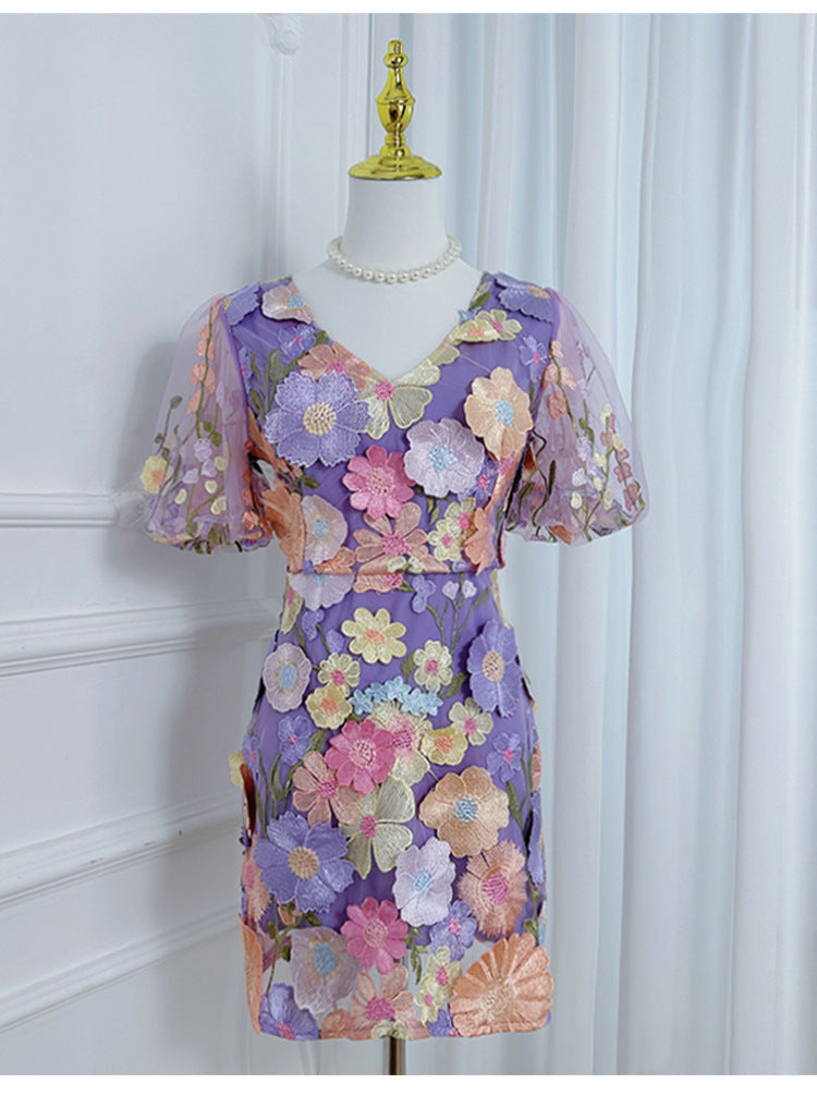 Women's  Luxury Embroidery Mesh Puff Sleeve Slim Waist Short Chic Dress 31