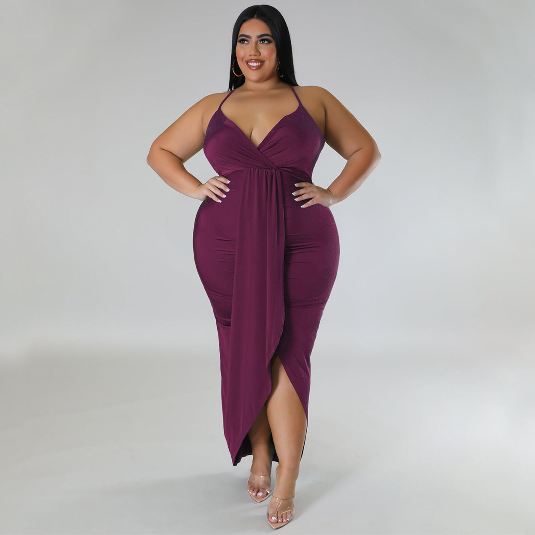 Women's Plus Size Solid Strap Sleeveless V-Neck Long Dress 7