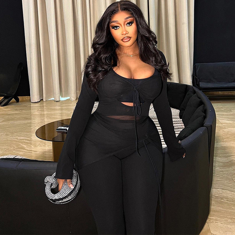 Women Solid Casual Mesh Patchwork Long Sleeve Top and Pants Two-piece Set 4